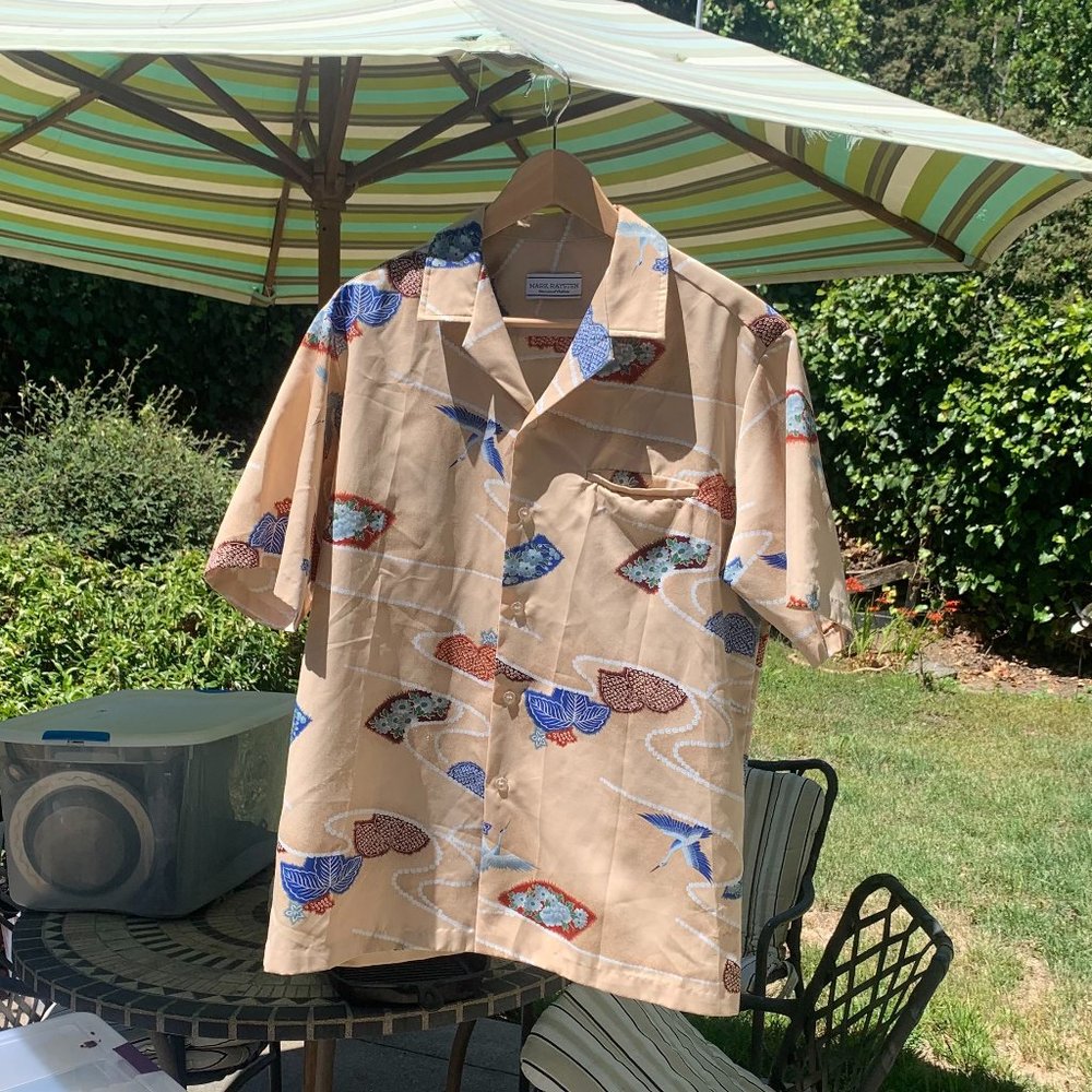 Vintage 70's Mark Raysten Malihani Tan Crane Hawaiian Shirt